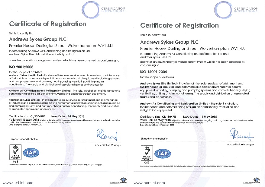 ISO 14001 9001 Andrews Sykes proud to announce industry legislation reaccreditation
