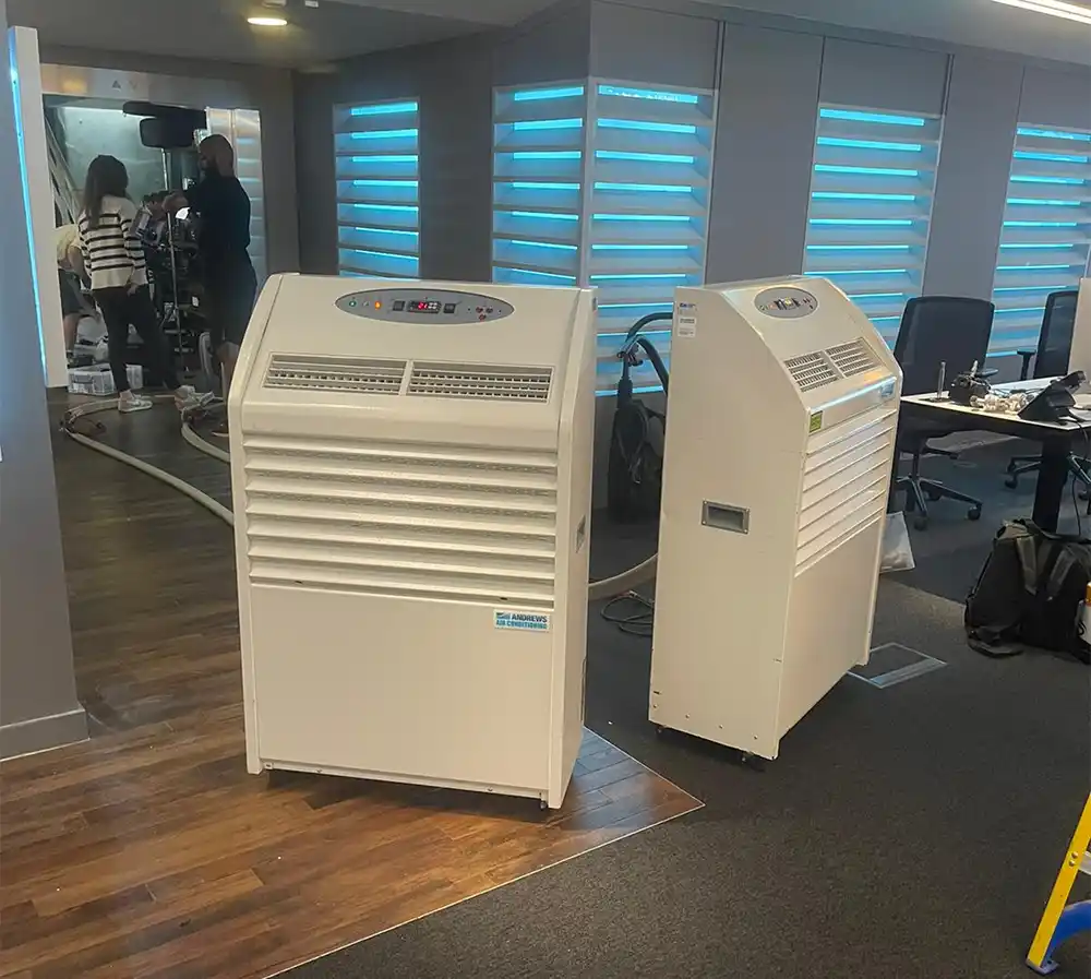Andrews Sykes air conditioning units positioned on a television studio set